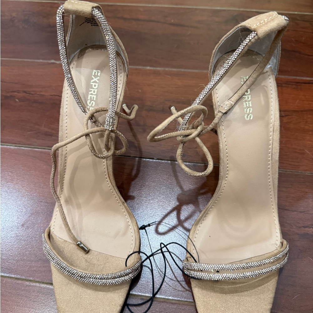 Express Beige Strappy Heels with Silver Accents